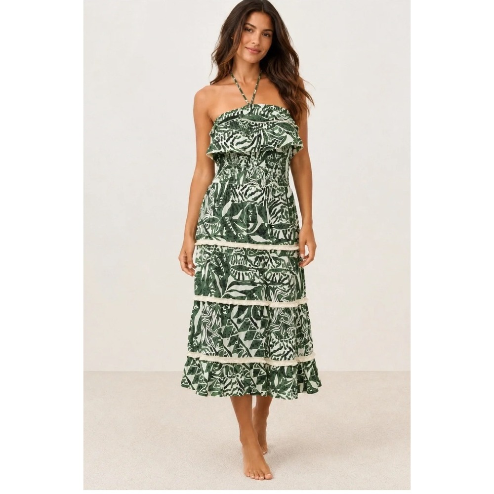NWT DOTTI Strapless Dress Womens Green Geometric Tiered Fringe Sz Large $88